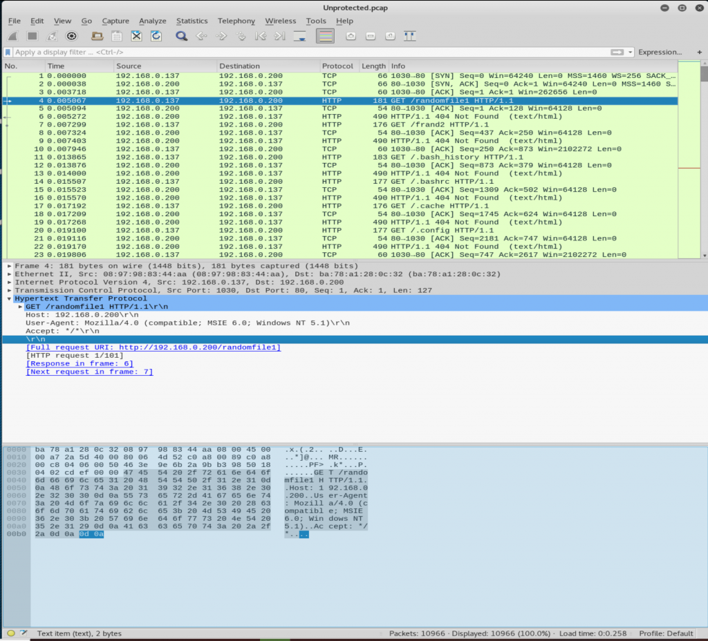 Wireshark showing the packet capture